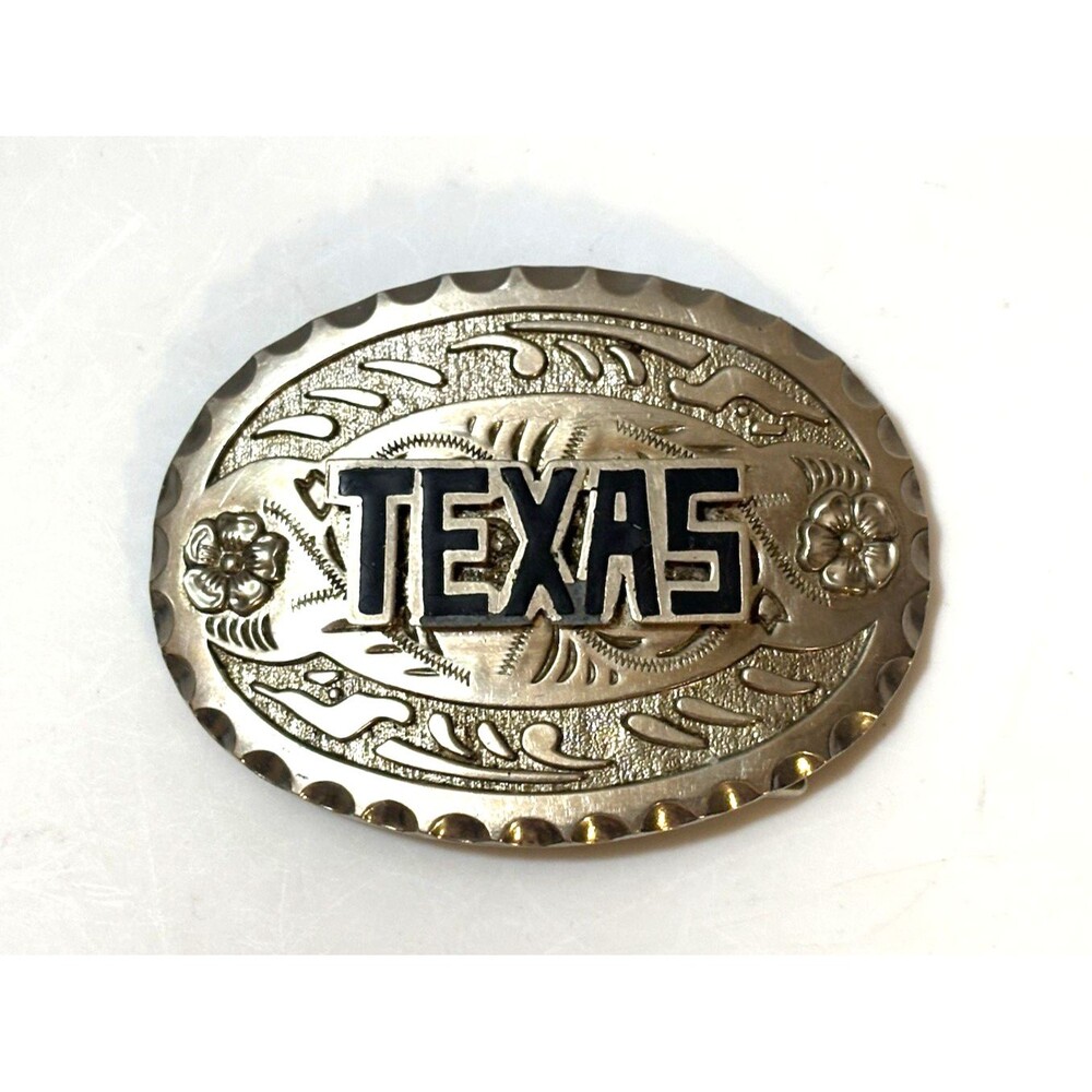 Vintage Texas Western Silver Tone Belt Buckle Raised Lettering Floral Engraved
